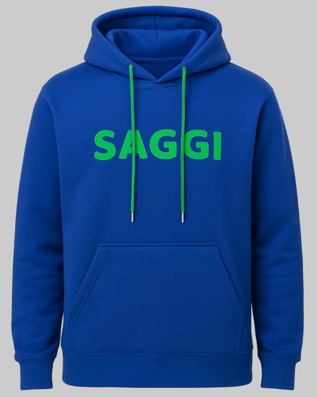 Royal blue SAGGI heavyweight graphic hoodie with green chest logo and green drawstrings, unisex winter hoodie.