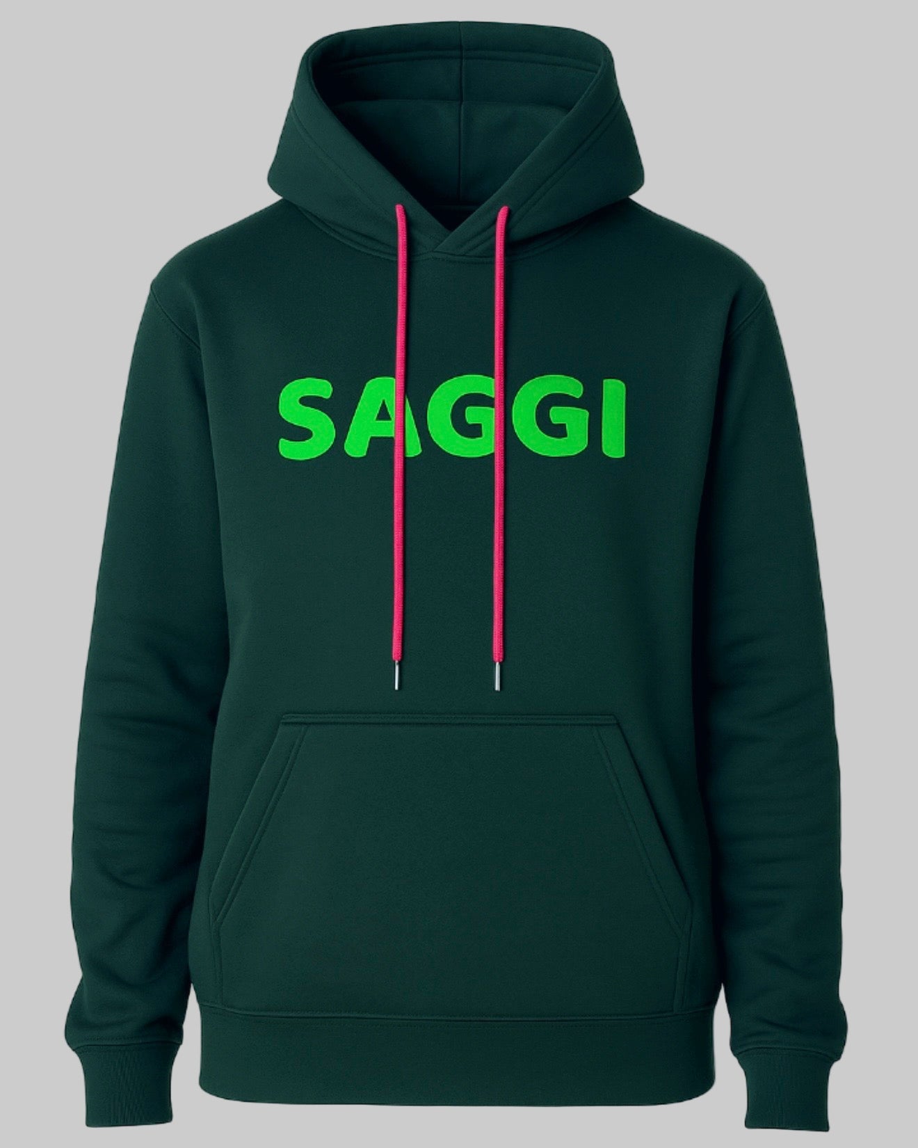 Forest green SAGGI heavyweight graphic hoodie with green chest logo and fuchsia drawstrings, unisex winter hoodie.