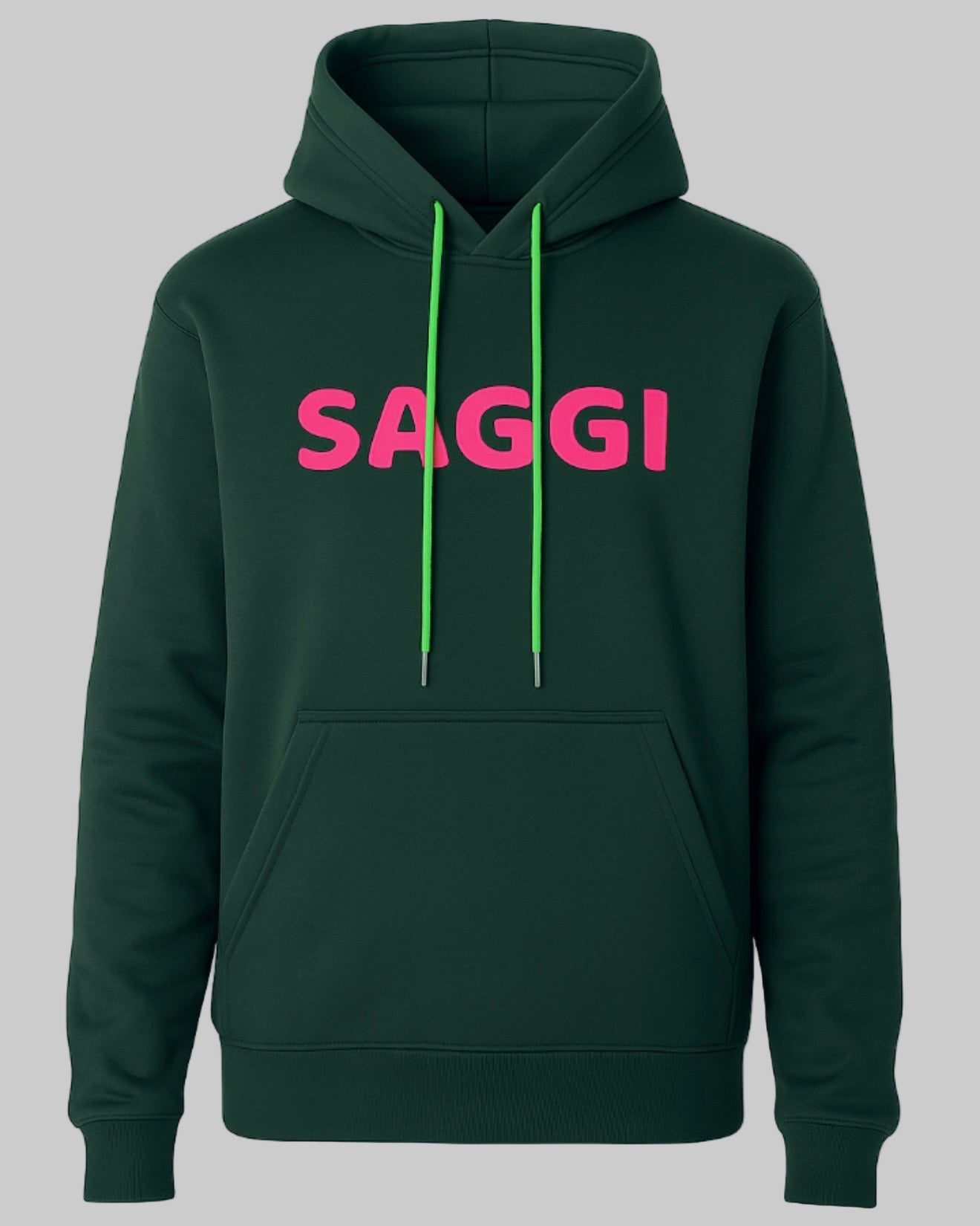 Forest green SAGGI heavyweight graphic hoodie with fuchsia chest logo and green drawstrings, unisex winter hoodie.