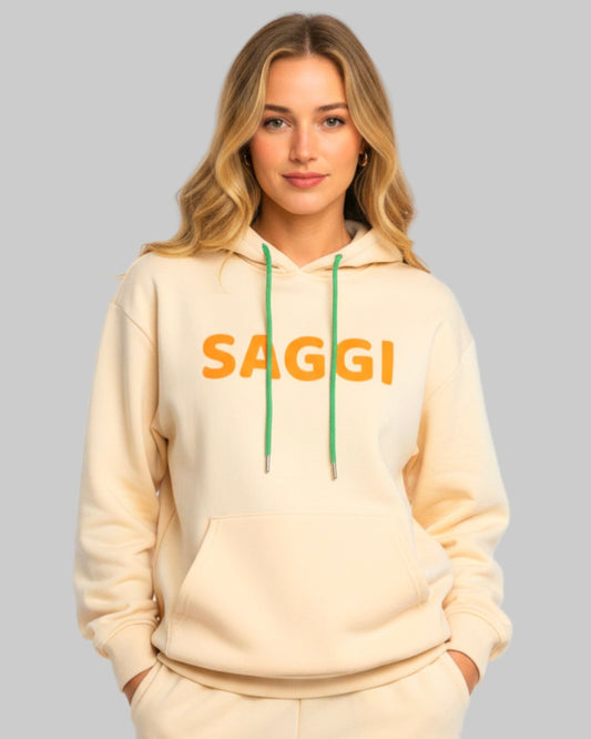 Model wearing khaki SAGGI heavyweight graphic hoodie with orange logo and green drawstrings, true-to-size fit.