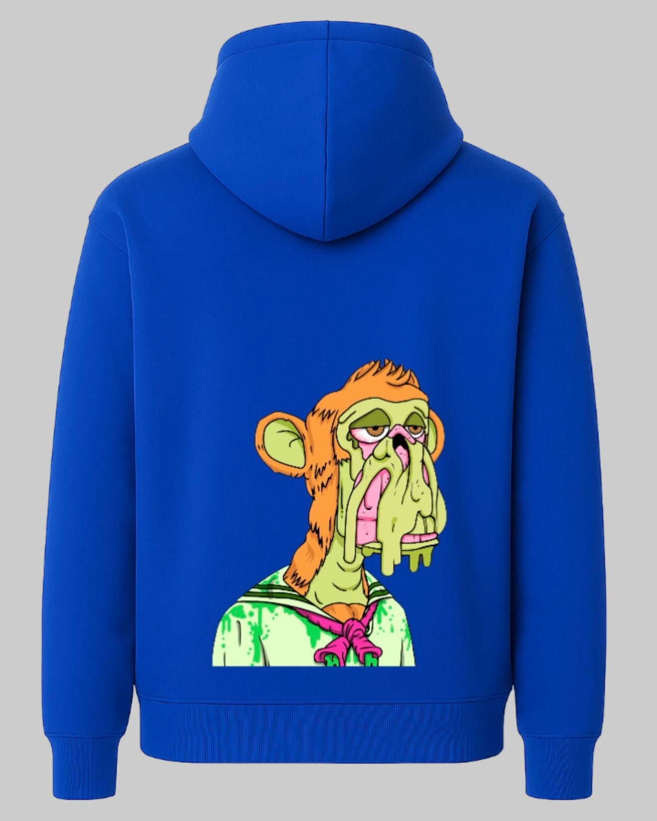 Back view of SAGGI royal blue heavyweight hoodie with big ugly-cute SAGGI graphic art print on the back.