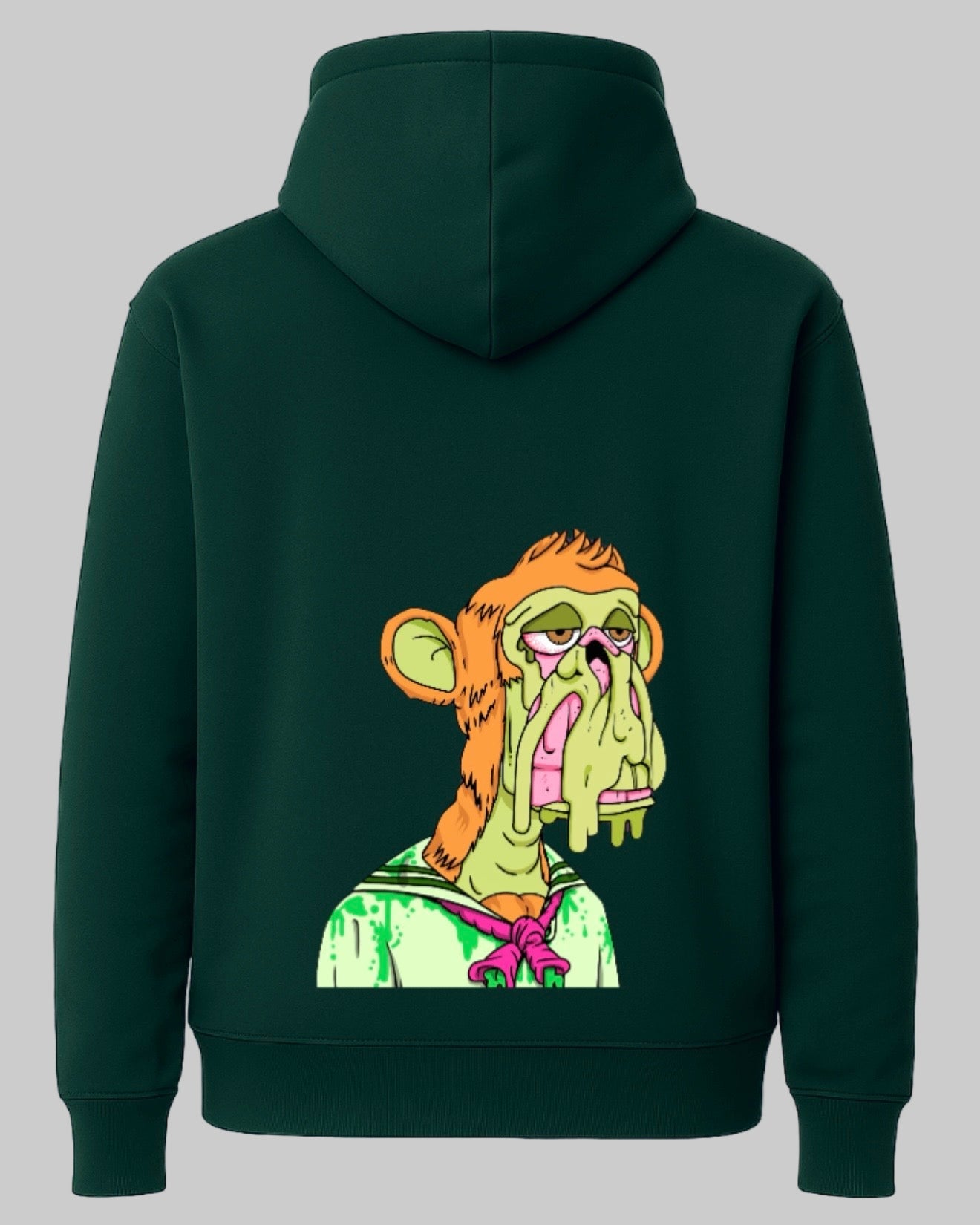 Back view of SAGGI forest green heavyweight hoodie with big ugly-cute SAGGI graphic art print on the back.